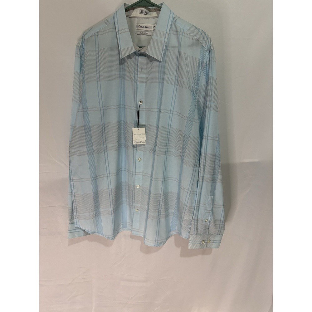 CALVIN KLEIN Men Blue CHECKER LIQUID COTTON REGULAR FIT DRESS SHIRT NWT 15 32-33